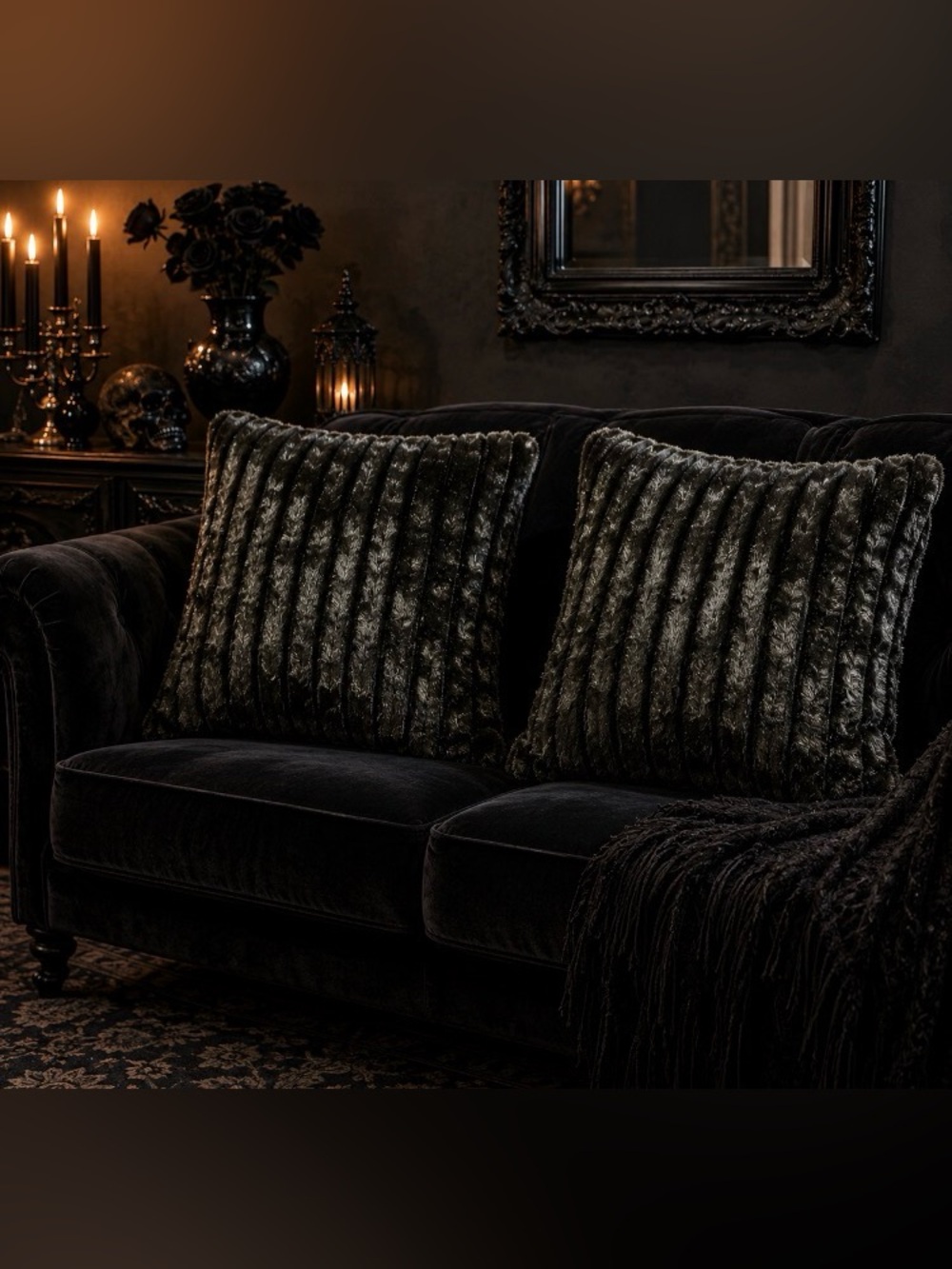 NEW Black Faux Fur Pillow Case 16” Set of 2 Textured
